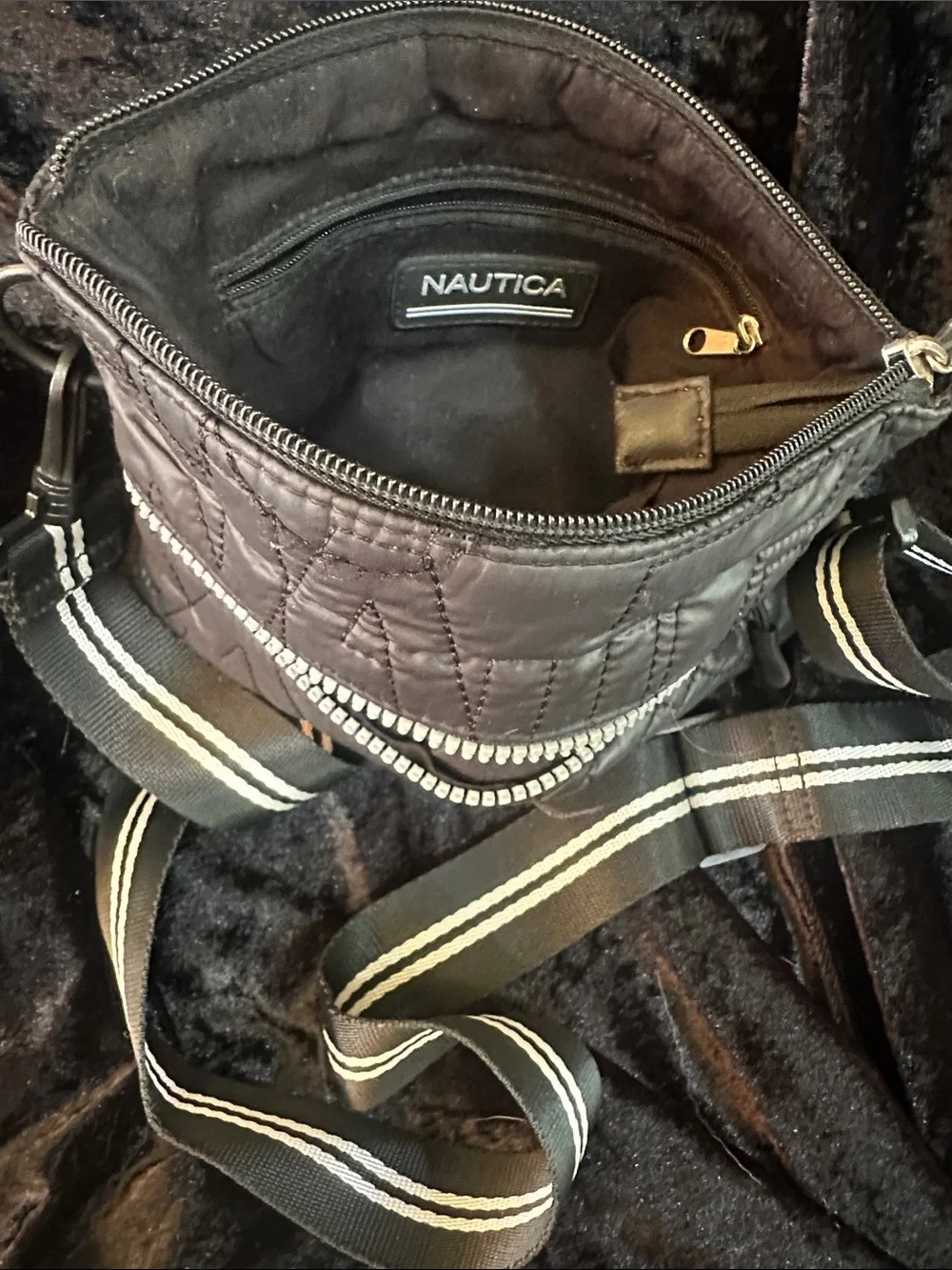 Nautica Black Quilted Crossbody Messenger with Striped Adjustable Strap